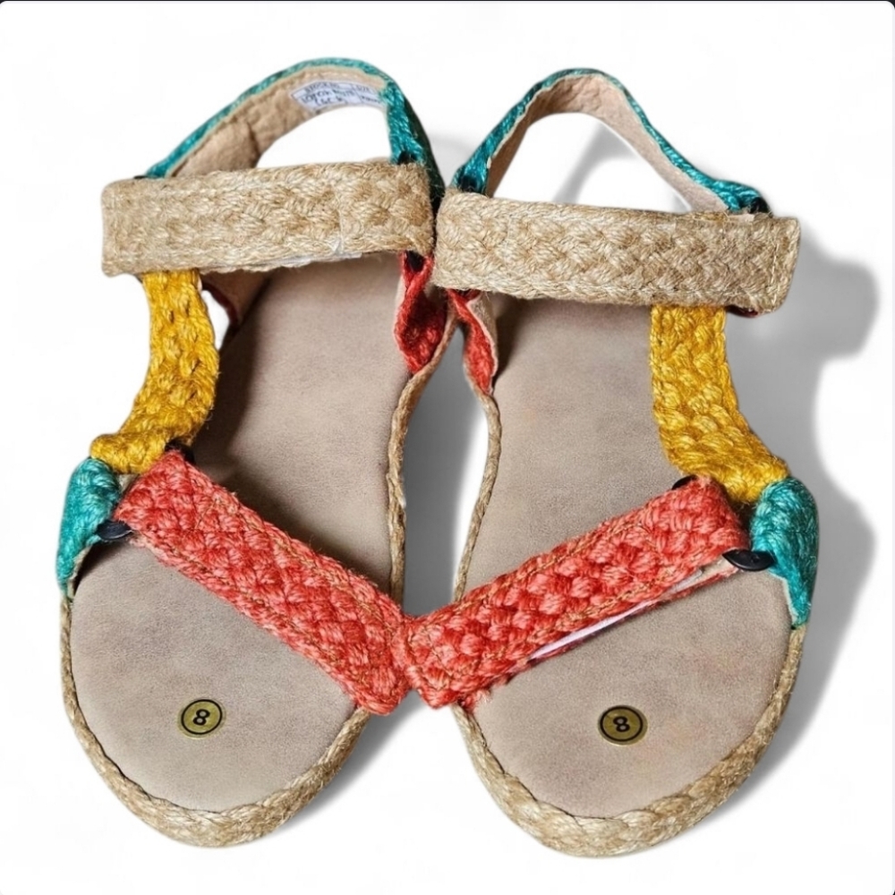 Womens Multi colored rope sandals/Beach Flat Sandals with Ankle Straps - Size 8